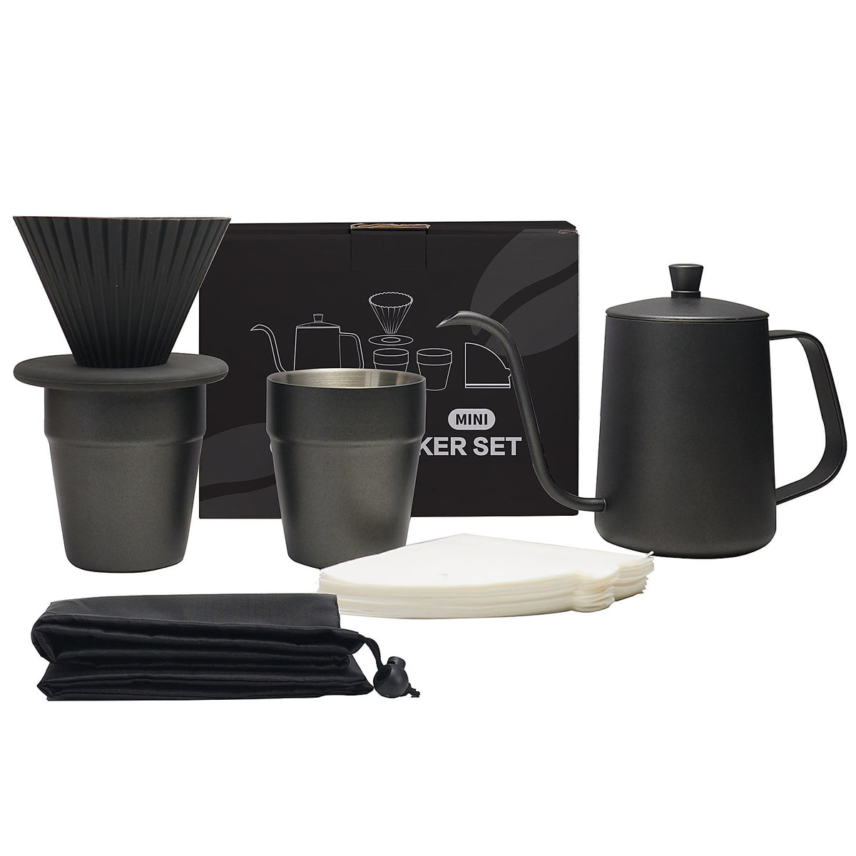 Black portable pour-over coffee set with kettle, dripper, cup, paper filters, and travel pouch