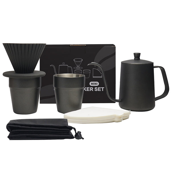 Black portable pour-over coffee set with kettle, dripper, cup, paper filters, and travel pouch
