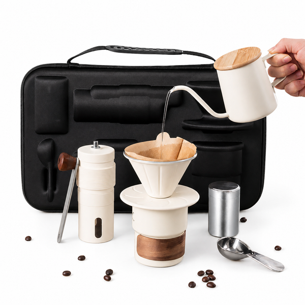 Alternate view of Yozcoffee portable pour over coffee maker set with manual grinder, dripper, kettle and carrying case