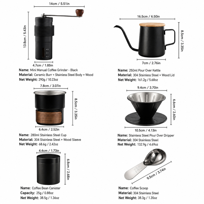 Yozcoffee portable pour over coffee set dimensions for grinder, kettle, cup, dripper, scoop and bean canister