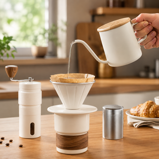 Alternate view of Yozcoffee portable pour-over coffee set brewing coffee with gooseneck kettle and stainless steel dripper at home