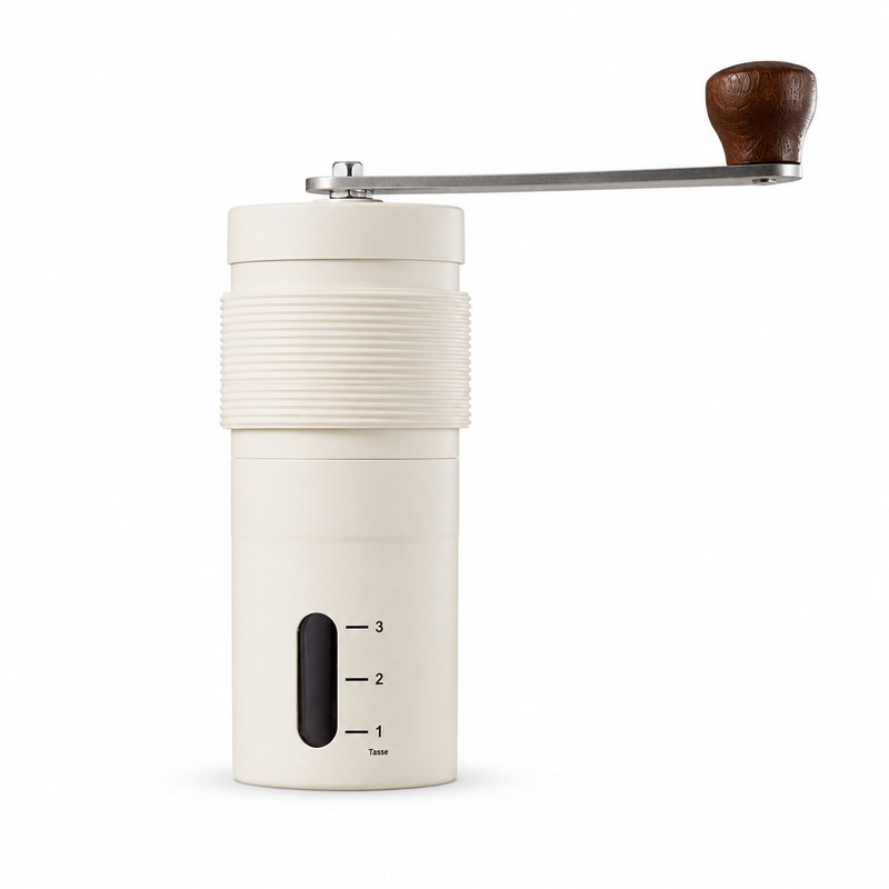 Yozcoffee white mini manual coffee grinder with wooden knob and visible grind level window