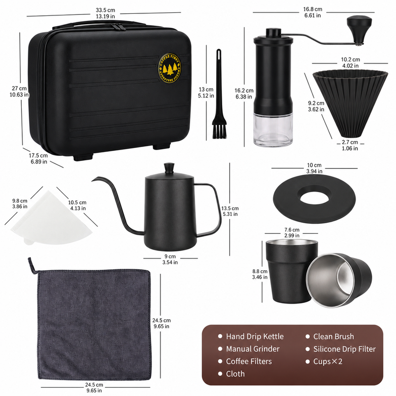 Yozcoffee portable pour over coffee travel set dimensions for the carry case, kettle, grinder, dripper, cups and accessories