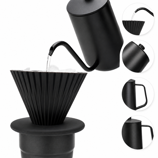 Yozcoffee portable pour over coffee travel set with gooseneck kettle pouring into a black silicone dripper