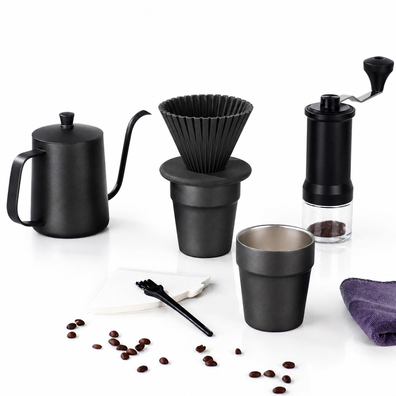 Yozcoffee portable pour over coffee travel set laid out with kettle, grinder, silicone dripper, filters, brush and cup