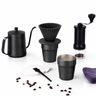 Yozcoffee portable pour over coffee travel set laid out with kettle, grinder, silicone dripper, filters, brush and cup