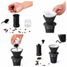 Step-by-step collage showing beans in the grinder, grounds in the dripper, and water poured through a paper filter