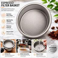 Espresso Filter Basket 58mm 18g Pure Titanium 0.2mm: in a lifestyle coffee setup features