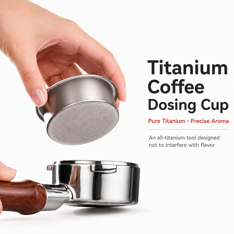 Yozcoffee titanium coffee dosing cup filter basket shown fitting a standard espresso portafilter