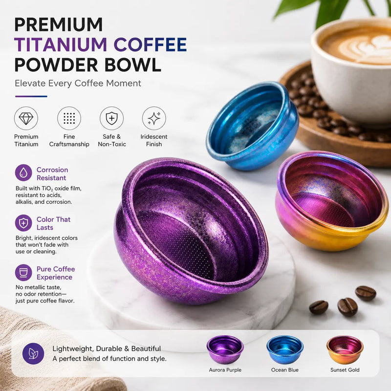 Espresso Dosing Cup Pure Titanium Powder Bowl Iridescent: premium in a lifestyle coffee setup setup
