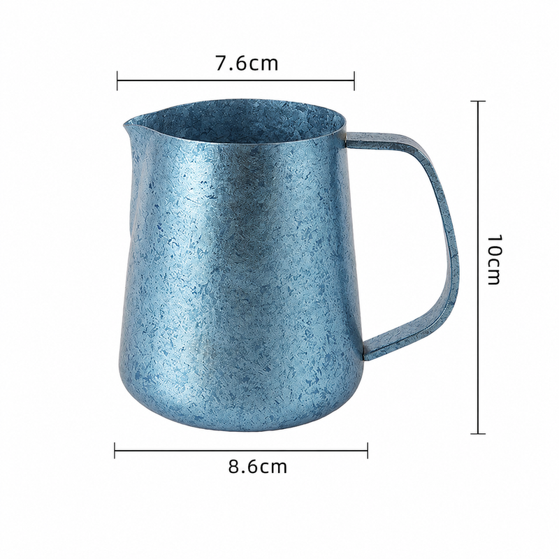 Blue Yozcoffee pure titanium latte art milk pitcher with 7.6 cm top diameter, 8.6 cm base width, and 10 cm height