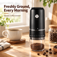 Black rechargeable coffee grinder with fresh grounds on a kitchen counter beside a coffee cup