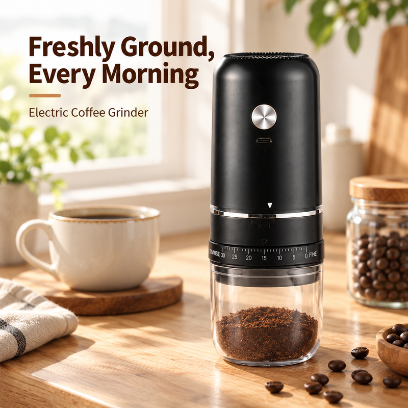 Black rechargeable coffee grinder with fresh grounds on a kitchen counter beside a coffee cup