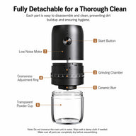 Electric Coffee Grinder 40 Settings Ceramic Burr Rechargeable: detachable parts cleaning guide