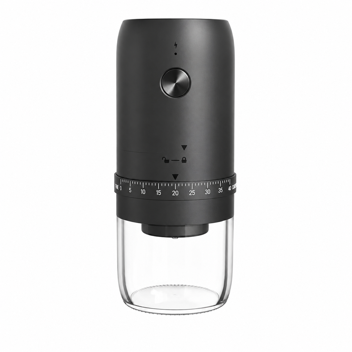 Yozcoffee rechargeable electric coffee grinder in black with transparent grounds cup