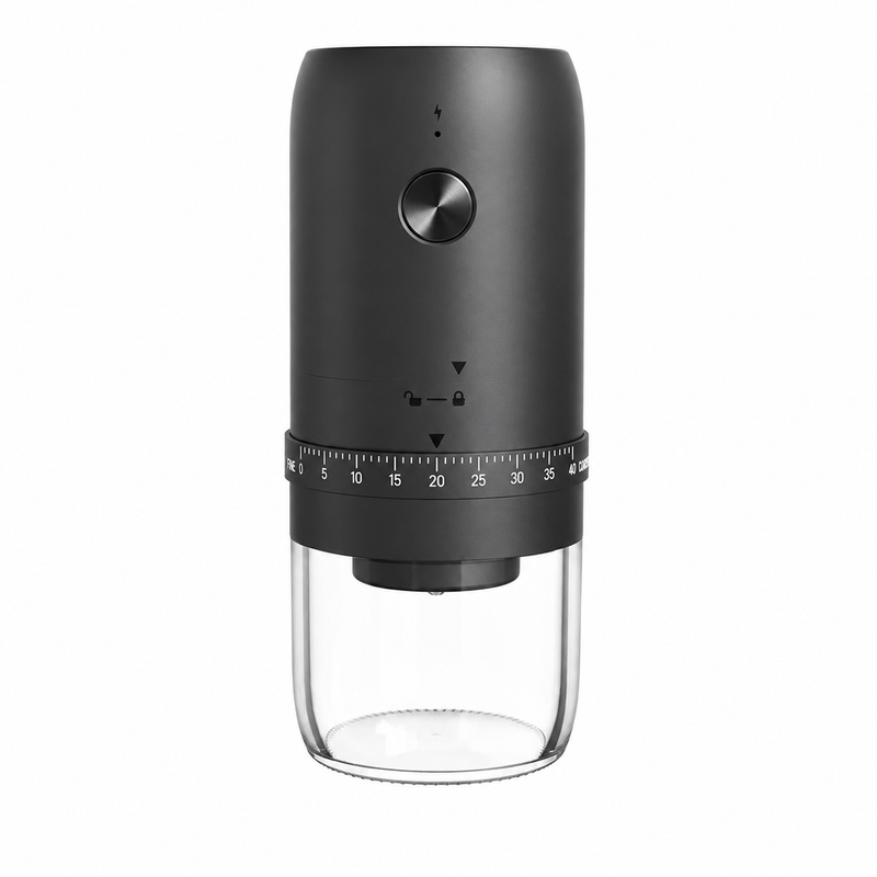 Yozcoffee rechargeable electric coffee grinder in black with transparent grounds cup