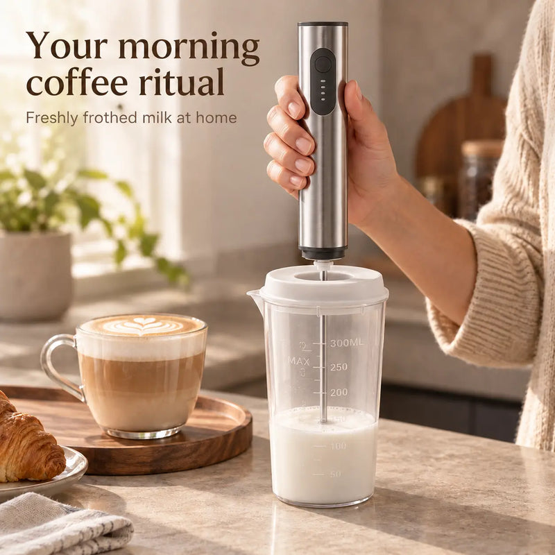 Yozcoffee rechargeable milk frother whisking milk through the cup lid in a home kitchen