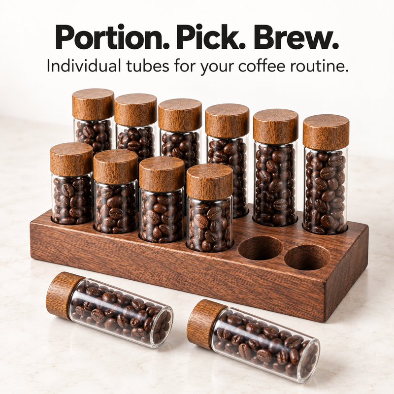 12 coffee bean tubes with two removed from their walnut holder for individual use