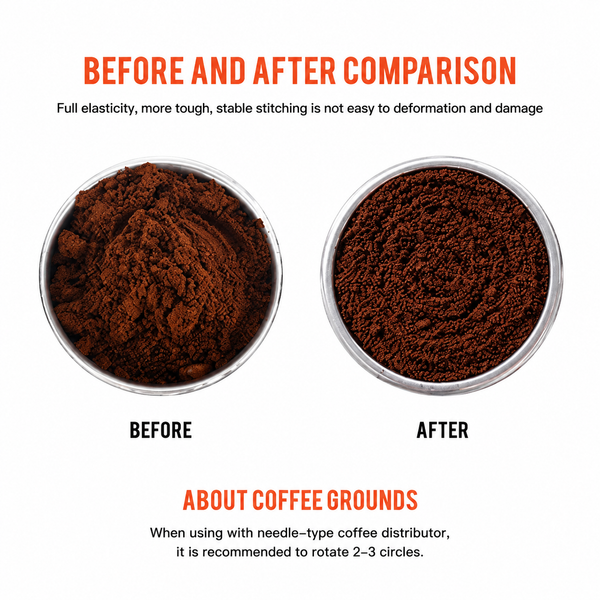 Alternate view of Before-and-after comparison showing espresso grounds loosened with the Yozcoffee rotating WDT distributor