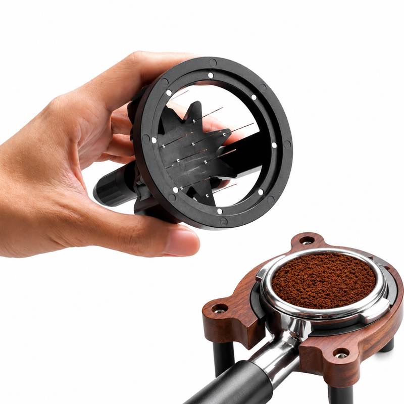 Bottom view of the Yozcoffee rotating espresso WDT distributor showing stainless steel needles