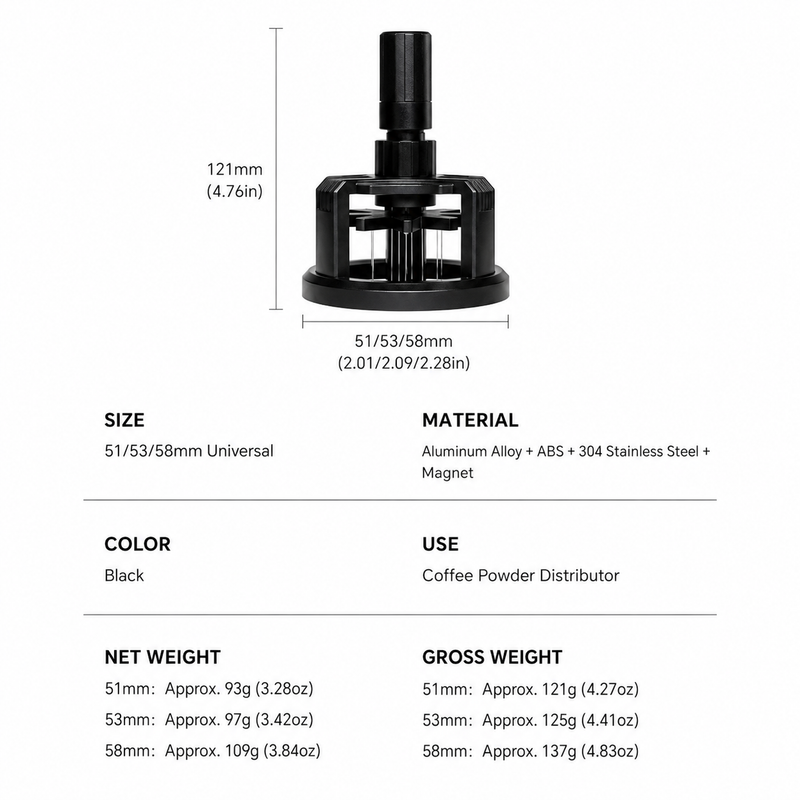Yozcoffee rotating espresso WDT distributor size and material reference for 51mm, 53mm and 58mm baskets