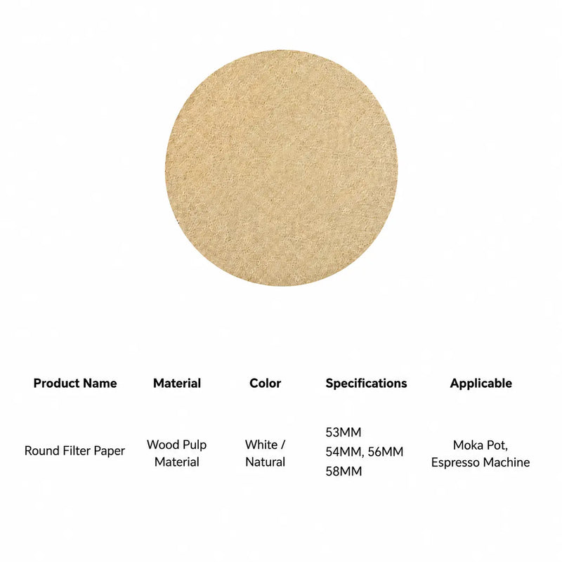 Moka Pot Coffee Filter Paper 53-58mm Wood Pulp 100-Pack: spec card