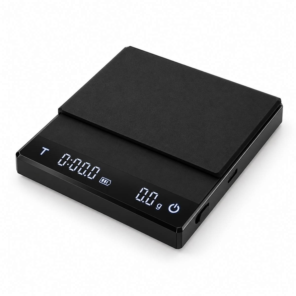 Black digital coffee scale with timer on a white background