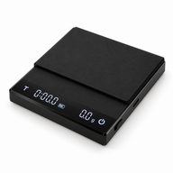 Black digital coffee scale with timer on a white background