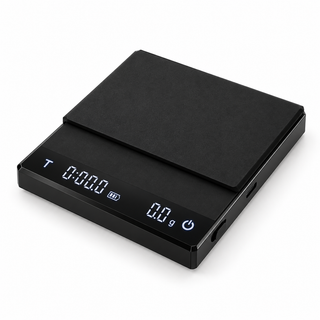 Black digital coffee scale with timer on a white background