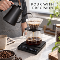 Black digital coffee scale used for pour-over brewing