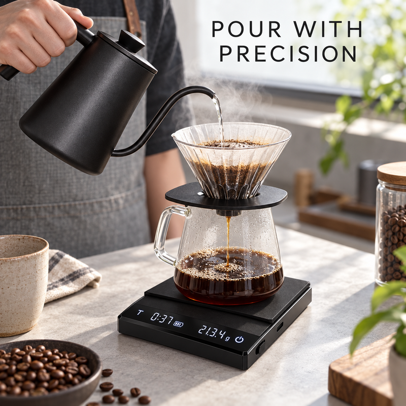 Black digital coffee scale used for pour-over brewing