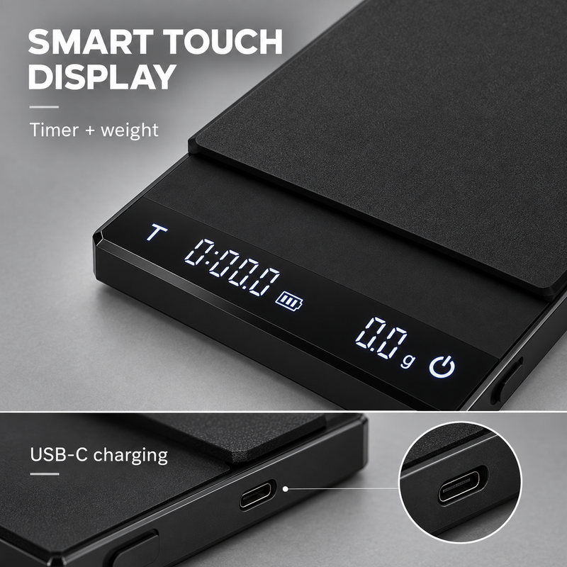 Coffee scale timer and weight display with USB-C port