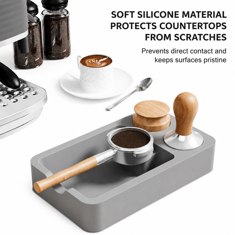Gray silicone tamping mat holding a portafilter with grounds beside a tamper and distributor on an espresso counter
