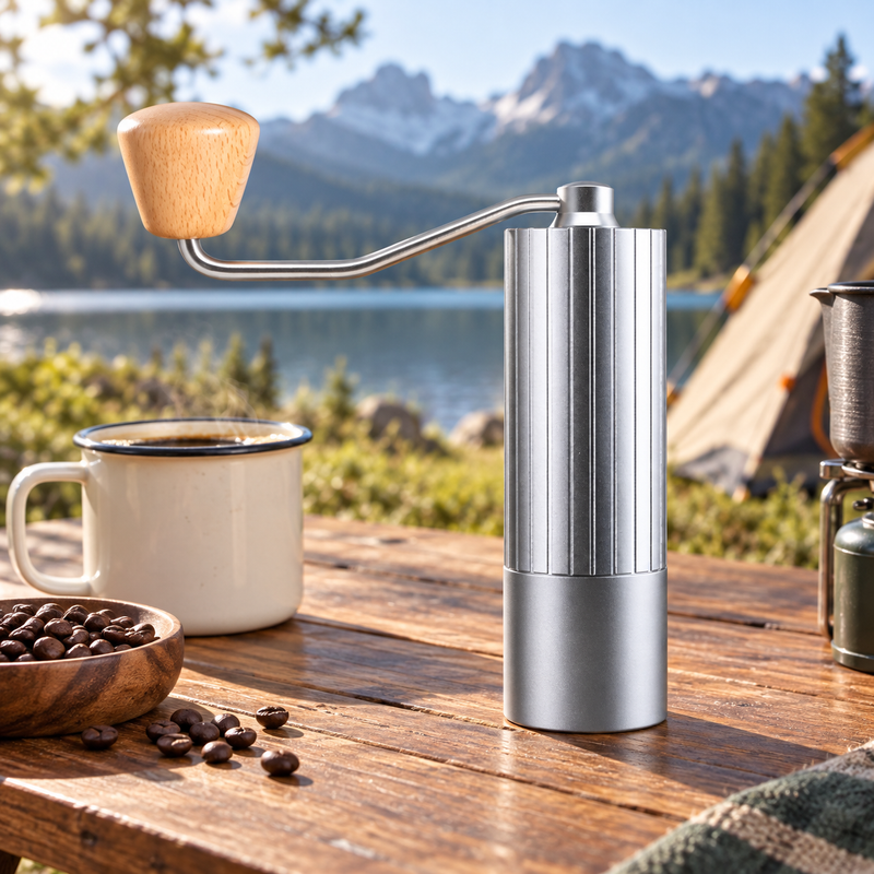 Silver Yozcoffee manual coffee grinder on an outdoor table with coffee cup and beans