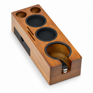 White background view of the Yozcoffee slim espresso tamping station with drawer