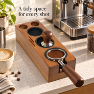 Yozcoffee slim espresso tamping station on a home coffee counter; tools shown for illustration