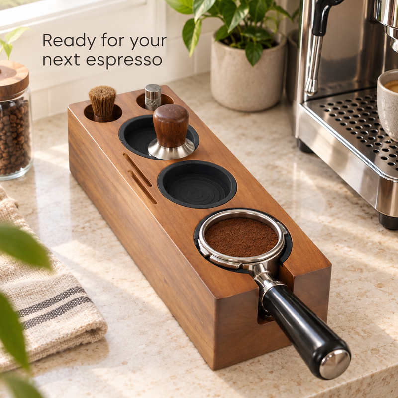Yozcoffee slim espresso tamping station during espresso preparation; tools shown for illustration