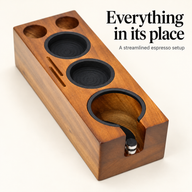 Top view of the Yozcoffee slim espresso tamping station showing tool recesses and wood-tone finish