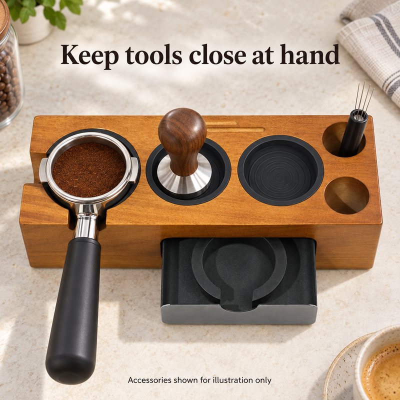 Yozcoffee slim espresso tamping station arranging espresso tools; accessories shown for illustration
