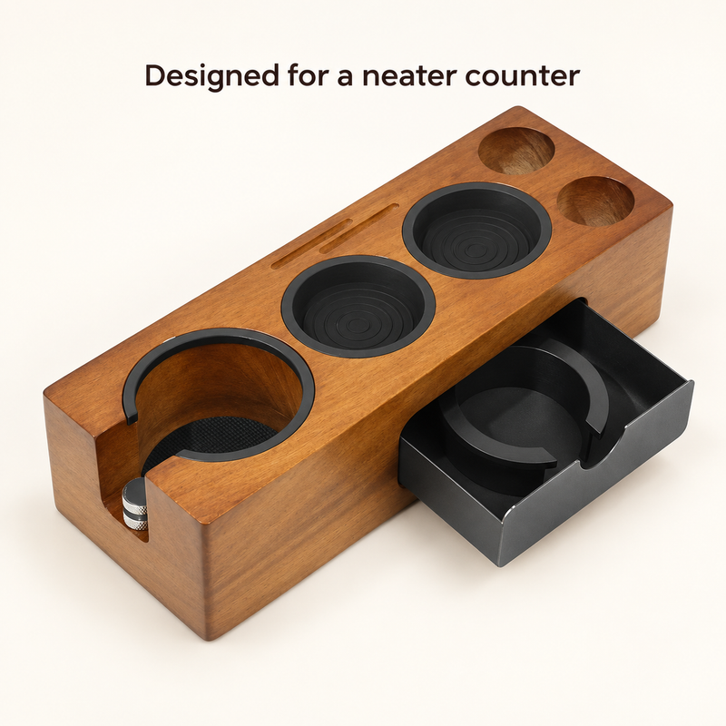 Alternate angle of the Yozcoffee slim espresso tamping station with drawer extended