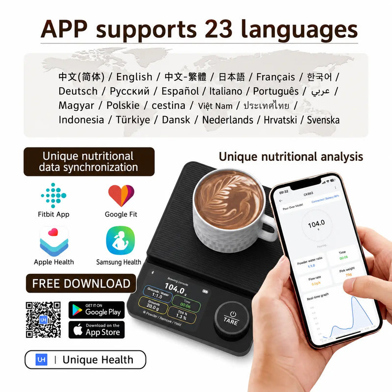 Smart Bluetooth Coffee Scale, 5kg / 0.1g Precision: unique health app
