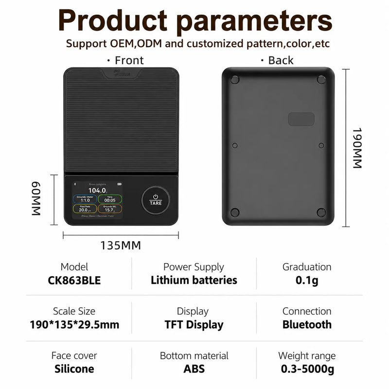 Smart Bluetooth Coffee Scale, 5kg / 0.1g Precision: specifications infographic