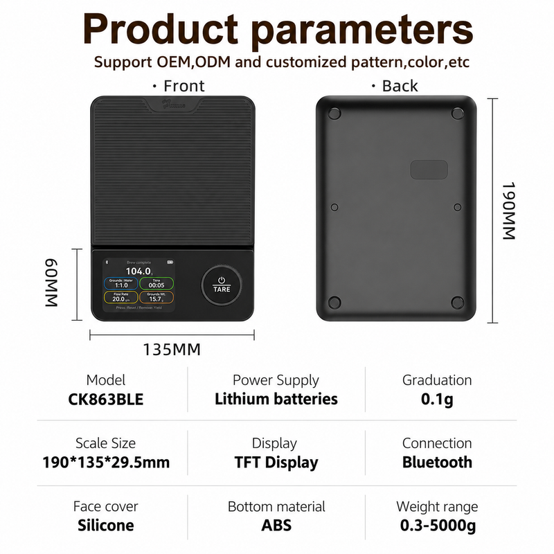 Yozcoffee smart coffee scale specifications with 0.1g graduation Bluetooth and 5000g range
