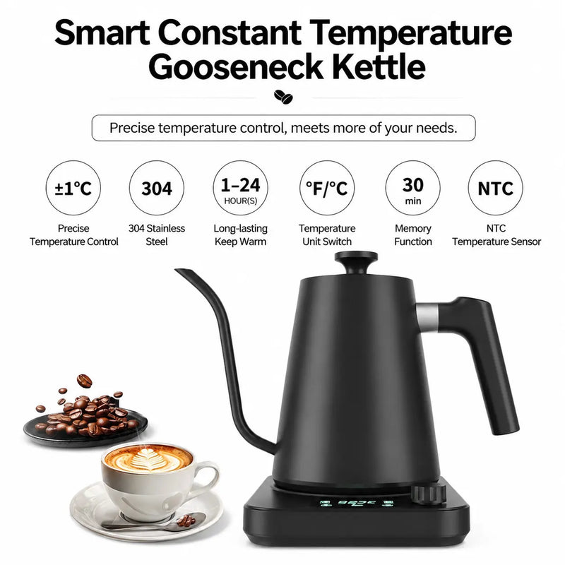 Smart Electric Gooseneck Kettle, 0.9L ±1°C Control: temperature overview