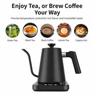 Smart Electric Gooseneck Kettle, 0.9L ±1°C Control: temperature brew guide