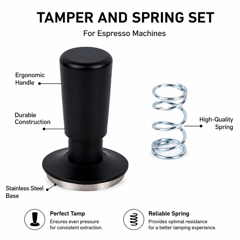 Black espresso tamper beside a separate metal spring, with callouts for the handle and stainless base