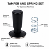 Black espresso tamper beside a separate metal spring, with callouts for the handle and stainless base