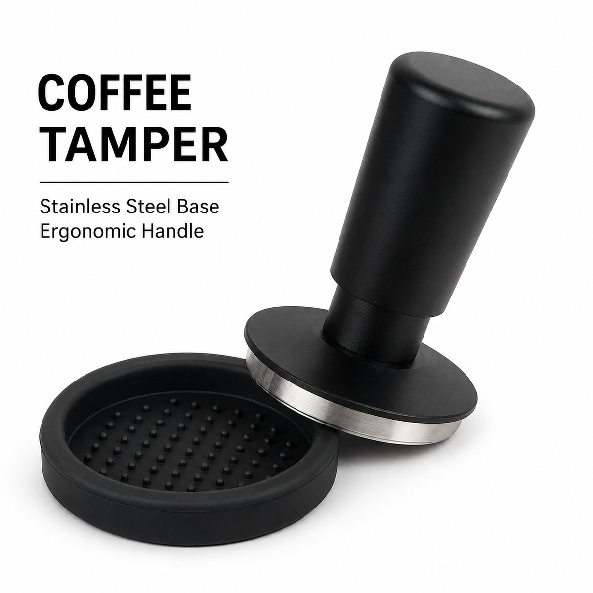 Yozcoffee spring-loaded espresso tamper with black ergonomic handle and stainless steel base