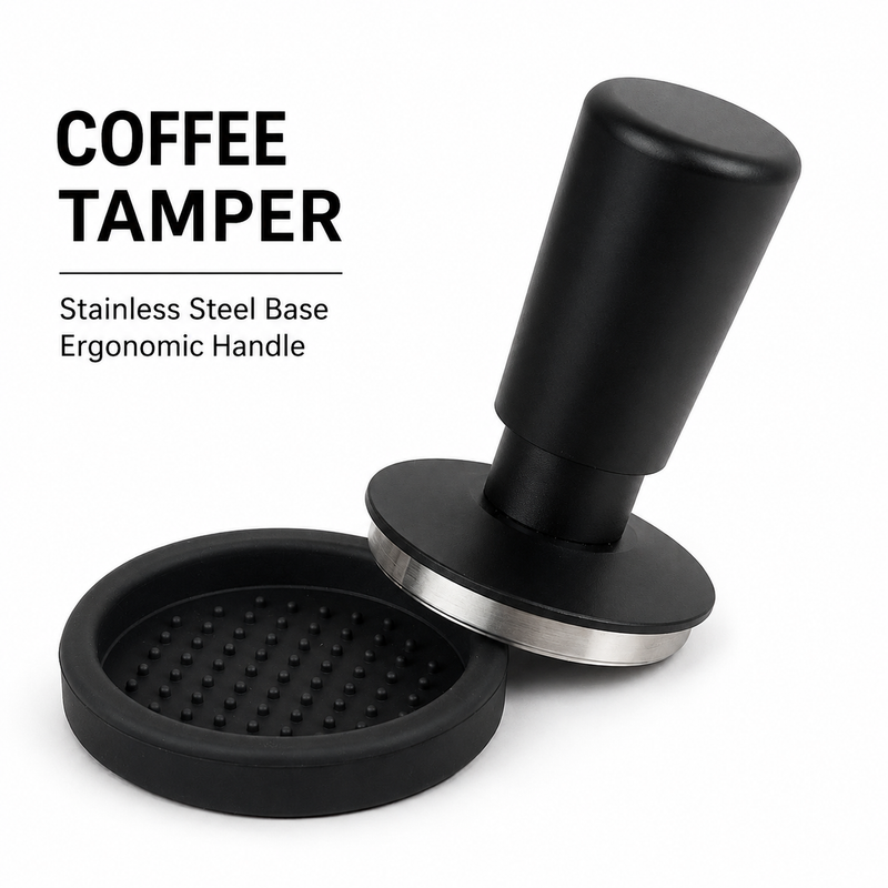 Yozcoffee spring-loaded espresso tamper with black ergonomic handle and stainless steel base