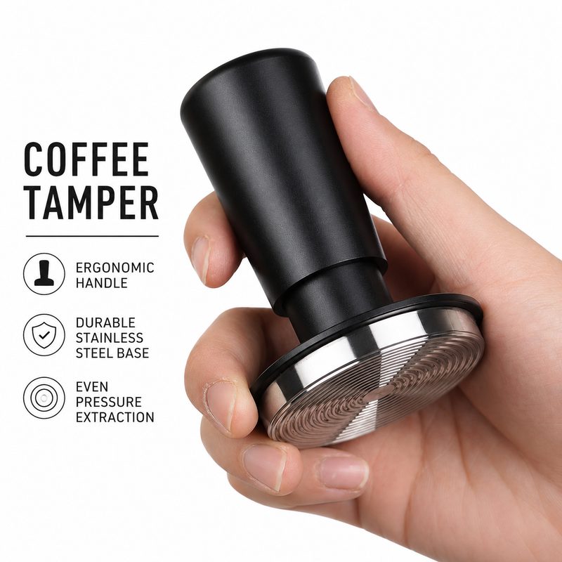 Hand holding a black espresso tamper with a polished stainless base and concentric leveling rings